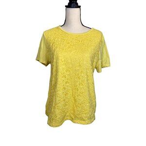 Basic Editions‎ Green yellowFloral Lace Front Crew Neck Short Sleeve Top Size XL